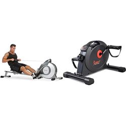 Sunny Health & Fitness Magnetic Rowing Machine, Extra Long Slide Rail, 8 Levels Resistance + Under Desk Dual Function Smart Mini Arm & Leg Pedal Exerciser Cycle Bikes with SunnyFit App
