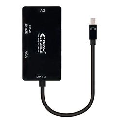 Mini DP naar VGA/DVI/HDMI converter 3-in-1, zwart, lengte 15 cm. Deze veelzijdige adapter is ideaal voor het aansluiten van uw Mini DisplayPort-apparaat op beeldschermen met VGA-, DVI- of