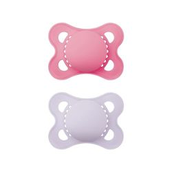 MAM Lot de 2 tétines originales en silicone MAM SkinSoft, respectueuses des dents, en matériaux durables et bio-renouvelables, avec boîte à tétine, pour bébé de 0 à 6 mois, rose/violet