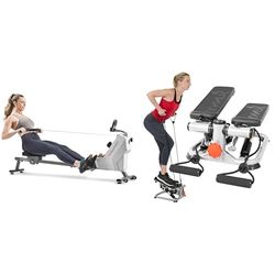 Sunny Health & Fitness Advanced Mini Home Steppers with Resistance Bands + Compact Folding Magnetic Rowing Machine w/ 109 CM Slide Rail, 130 KG Max