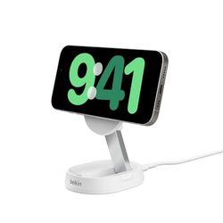 Belkin BoostCharge Pro chargeur sans fil magnétique et pliable, chargeur Qi2 15W, support de recharge Qi2, chargeur induction compatible MagSafe, pour Apple iPhone 16/15/14, AirPods Pro, blanc
