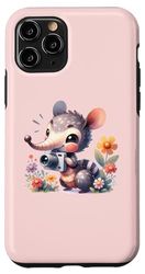 Custodia per iPhone 11 Pro Carino Animale Che Tiene Macchina Fotografica Tra Fiori Su Sfondo Rosa.