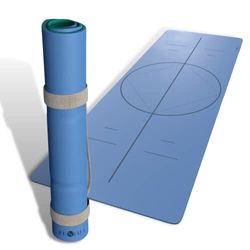 PUNIMA Tapis de yoga XXL en cuir synthétique - 100 % caoutchouc naturel - Antidérapant - Aide à l'orientation gravée au laser (bleu foncé)