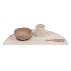 Nattou Siliconen servies voor kinderen, 4 stuks, 1 lepel, 1 kom met deksel, 1 beker, 1 placemat, BPA-vrij, siliconen, natuurlijk
