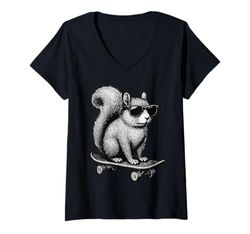 Donna Skateboarder Scoiattolo con Occhiali da Sole Animal Skater Graphic Maglietta con Collo a V