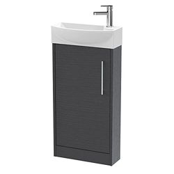 Hudson Reed JNU2221L Juno Compact Modern Cloakroom Floor Standing 1-Door Unit with 1 Tap Hole Left Hand Basin, 440mm, Woodgrain Graphite Grey