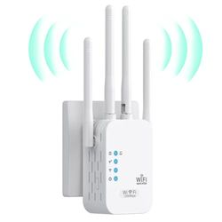 Ripetitore WiFi Potente per Casa, Extender 1200Mbps 5GHz / 2.4GHz Doppia Frequenza Anti-Interferenza, Amplificatore WiFi 4 Antenne, 2 porte LAN, Adatto per Casa, Ufficio e Altri Luoghi