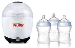 Nuby NTVP39 Förångare/Sterilisator för 5 flaskor och tillbehör inklusive 3 st. PP-flaska, 240 ml, vit