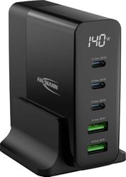 ANSMANN Cargador USB de 5 puertos con hasta 140 W/Power Delivery y cargador Quick Charge 3.0 con control de carga inteligente/ideal para smartphone, tableta, ventilador de mesa, dispositivos LED, etc.