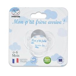 Irréversible Bijoux Sucette, Tétine Physiologique pour Annoncer une Grossesse, femme enceinte "Mon P'tit Frère Arrive " Cadeau Original Famille -Sans BPA - 0-6 Mois -Impression Française