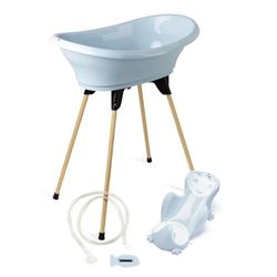 THERMOBABY - Pack Baignoire Bébé VASCO 5 En 1 - Baignoire, Pied En Bois, Tuyau De Vidange, Transat De Bain, Thermomètre - Fleur Bleue - Pliable & Stable - Fabriqué En France