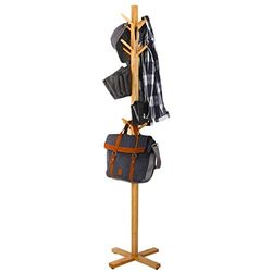 BAKAJI Perchero de pie de madera de bambú con 12 ganchos para colgar ropa y base en cruz, diseño moderno, color madera bambú natural. Dimensiones: 177 x 45 cm