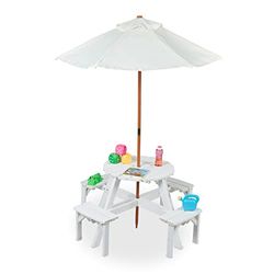 Relaxdays Tavolino da Bambini per Esterno, Tavolo da Picnic Rotondo per Giardino, 4 Sedie e Ombrellone, Legno, Bianco, Poliestere