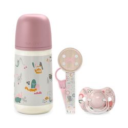 Suavinex, Cadeauset voor pasgeborenen SX Pro, voor baby's van 0-6 maanden. Bevat een fles medium flow (M) 270 ml + SX Pro siliconen fopspeen 0/6 maanden + fopspeenclip met lint. Roze Walk flessenset