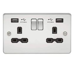 Enchufe conmutado 13A 2G con cargador USB dual A + A (2,4 A), cromo pulido con inserto negro