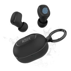 KSIX Neutron Auriculares inalámbricos, True Wireless Stereo, Botón multifunción, Llamadas, Asistente de Voz, Estuche de Carga con Mosquetón, Autonomía 4h+16h, USB-C, IPX4 Resistente al Agua, Negro