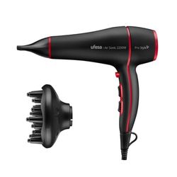 Ufesa Sèche-cheveux Professionnel Air Sonic 2200W, Moteur AC, Élimine les Frisottis, Inclus Diffuseur et Concentrateur, 2 Vitesses, 3 Températures, Jet d’Air Froid, Noir/Rouge