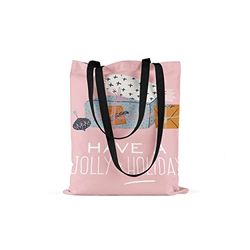 Bonamaison Printed Tote Bag, Reusable Grocery Bag, Shopping Bag, Machine Washable, Foldable, Canvas Cloth Bag with Black Handles, Size: 48x55 Cm
