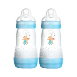 MAM A137 Easy Start Anti-kolikflaska, patenterad med SkinSoft™ Ultramjuk silikonnapp, för spädbarn från 2 månader, blå, självsterilisering på 3 minuter, 260 ml, 2-pack
