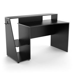 Demeyere - Escritorio pequeño de Gaming con Almacenamiento - Óptimo para Set Up y Pc Gamer - Color Negro Mate y Acabados Grises Oscuros - 138 x 94 x 67 cm