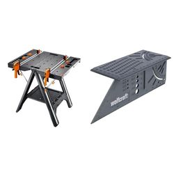WORX - Table de Travail et chevalet de sciage Multifonctions Pegasus - WX051 & wolfcraft 5208000 - Équerre 3D d'onglet - Traçage Angle de 45° à 90° - 150 x 275 x 66 mm