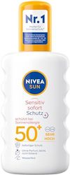Nivea Sun Sensitiv Protezione immediata Spray solare anti-allergia solare SPF 50+ (200 ml), spray solare nutriente per pelli sensibili, latte solare come pratico spray