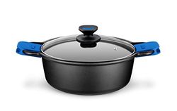 Monix Solid caçarola alta, tampa de vidro e alças de silicone, 6 litros, alumínio fundido, preto e azul