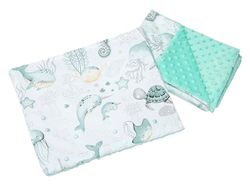 Medi Partners Babydeken, kruipdeken met kussen, 100% katoen, Minky kinderdeken, 55 x 75 cm + 35 x 30 cm, multifunctioneel, voor kinderwagen, babyzitje, wieg (oceaan met mint minky)