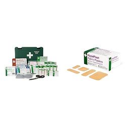Safety First Aid Group Economy First Aid Kit BS 8599 Compliant, Medium Fully Stocked & HypaPlast Fabric Plasters, Assorted (100) Sterile Hypoallergenic