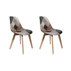 HOME DECO FACTORY, Set van 2 eetkamerstoelen in Scandinavische stijl, patchwork stof, beukenhouten poten, volledige en gebogen rugleuning, zelf in elkaar te zetten, bruin, 46 x 85 x 55 cm