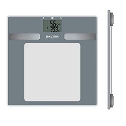 Salter 9194 SV3R Báscula analizadora de vidrio digitales, baño, memoria de 8 usuarios, mide peso, IMC, grasa y agua corporal, pantalla LCD fácil leer, vidrio templado fina, pilas incluidas, plateada