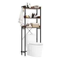 COSTWAY Toiletrek, 3-traps badkamerrek, ruimtebesparend, wasmachinerek met 4 haken en verstelbare poten, badkamerrek voor boven het toilet, wc-rek voor badkamer (bruin)