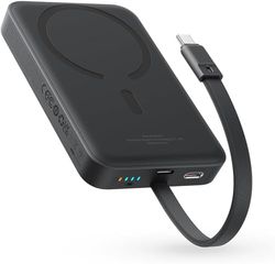 Baseus Magsafe Powerbank PD 30 W, 10 000 mAh magnetiskt externt batteri med integrerad USB-C-kabel (på och av) för iPhone 15/14/13/12 serien, mini powerbank, liten men kraftfull, svart