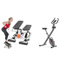 Sunny Health & Fitness Advanced Mini Home Steppers with Resistance Bands + Smart Folding X-Bike, Portable Compact Exercise Bike, 14-Level Magnetic Resistance