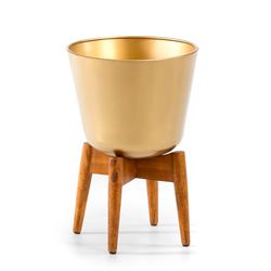 MACETERO 32X32X49 MADERA NATURAL/METAL DORADO