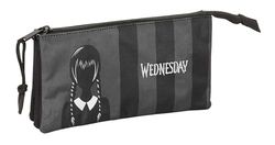 Safta Wednesday - Portatodo Triple, Estuche Infantil, Estuche Niño, Ideal para Niños en Edad Escolar, Cómodo y Versátil, Calidad y Resistencia, 22x3x12 cm, Color Negro