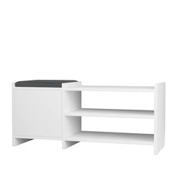 Banco zapatero 1 puerta con cojín acolchado tapizado en tela gris. Color Blanco. (Alto 44 cm/Ancho 100 cm/Fondo 35 cm)
