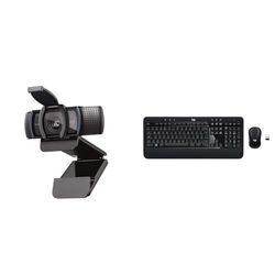 Logitech C920S HD Pro Webcam, Full HD 1080p/30fps Video Calling, Clear Stereo Audio, HD Light Correction, Privacy Shutter & Advanced Combo Wireless Keyboard and Mouse, QWERTY UK English Layout - Black