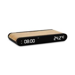 mooov 477349 - Reloj Despertador Digital Efecto Madera con Base de Carga inalámbrica, Cargador inalámbrico 15W para Smartphone, Despertador silencioso con Temperatura Interior