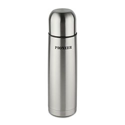 Pioneer Bouteille Isotherme à Double paroi sans BPA en Acier Inoxydable 18/10 avec Bouton-Poussoir et gobelet – 1L, Argent, 8 Heures Chaud, 100% étanche