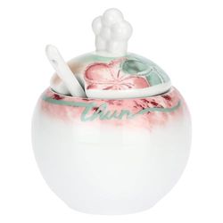 THUN - Sucrier avec cuillère à café Bloomia - Porcelaine - Collection Jardin de printemps - Sucrier Ø 10 cm, 12 cm h, cuillère à café 13 cm