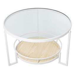MESA AUXILIAR METAL BLANCO/CRISTAL TRANSP. /BALDA MADERA_°70X45CM BALDA:°50CM