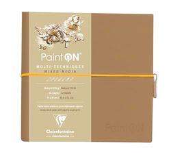 Clairefontaine - Ref 975437C - Paint'On Multi-Technique Sewn Art Book (32 Sheets) - 19 x 19cm, 250gsm Heavyweight Paper, Acid Free - Sandy Pages / Beige Cover