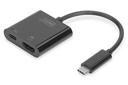 Adaptador de gráficos multipuerto USB Type-C DIGITUS, USB Type-C a HDMI + USB C, función de carga, 4K Ultra HD 60Hz, plástico, negro