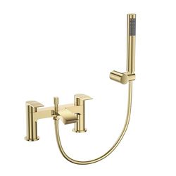 VeeBath Cascade Mitigeur bain/douche – Finition laiton brossé, entrée G3/4", double levier, mitigeur de baignoire monté sur pont avec pomme de douche ronde, robinet de salle de bain moderne à double
