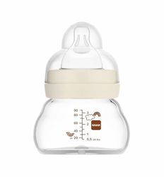 MAM Glazen fles voor pasgeborenen, 0 maanden, 90 ml, met speen 0, extra langzame siliconen vloeistof, gemakkelijk aan te nemen, gemakkelijk te reinigen, Feel Good, neutraal, 1 stuk