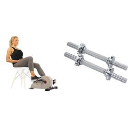 Sunny Health & Fitness Magnetic Under Desk Pedal Exerciser, Dual Function Mini Exercise Cycle Bike + 35.5 cm Threaded Chrome Dumbbell Bar
