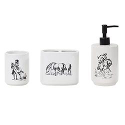 Paseo Road by HiEnd Accents | Ranch Life Western 3 Piece Countertop Bathroom Accessory Set with Soap Lotion Dispenser, Tumbler, Toothbrush Holder, Horse Cowboy Cow Longhorn Themed Bath Accessories