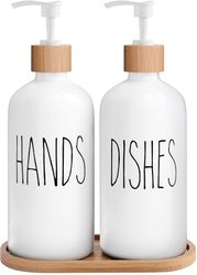 MOMEEMO Set di dispenser di sapone bianco, contiene dispenser di sapone per le mani in vetro e dispenser di sapone per piatti in vetro, set di dispenser per sapone da cucina, decorazione rustica