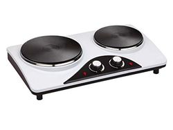 Hornillo doble de placas con control de temperatura, superficie fácil de limpiar, ideal para cocinar en casa o para uso camping.
